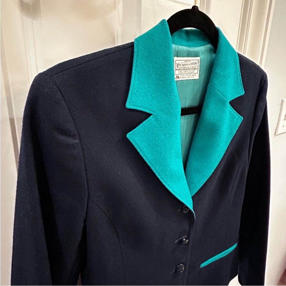 Vintage 70s Pendleton Wool Blazer Navy Teal Trim Contrast Lapel Academia Sz M - Picture 6 of 12
